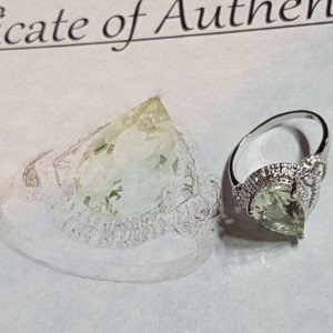 New Green Amethyst & Diamond Sterling Silver Ring Size: 6.8 + $400 Certificate Brand New Condition,(1724)