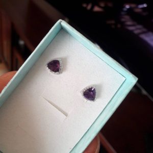 New Sterling Silver Amethyst & Diamond Earrings 2.2 CT Trillion cut. Post & butterfly backs. Includes $275 certificate,(1624)