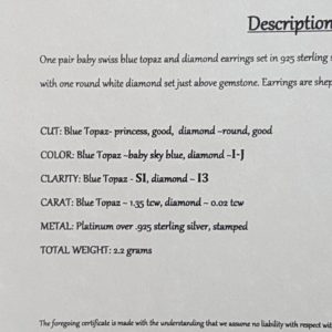 New 1.35 Ct Blue Topaz & Diamond Earrings + $280 Certificate