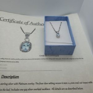 Sterling Silver Blue Topaz & Diamond Pendant+$250  $200certificate #1879